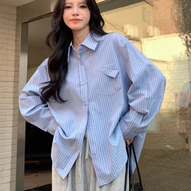 Korean Style Blue Striped Shirt - Women's Long Sleeve Blouse with Pockets
