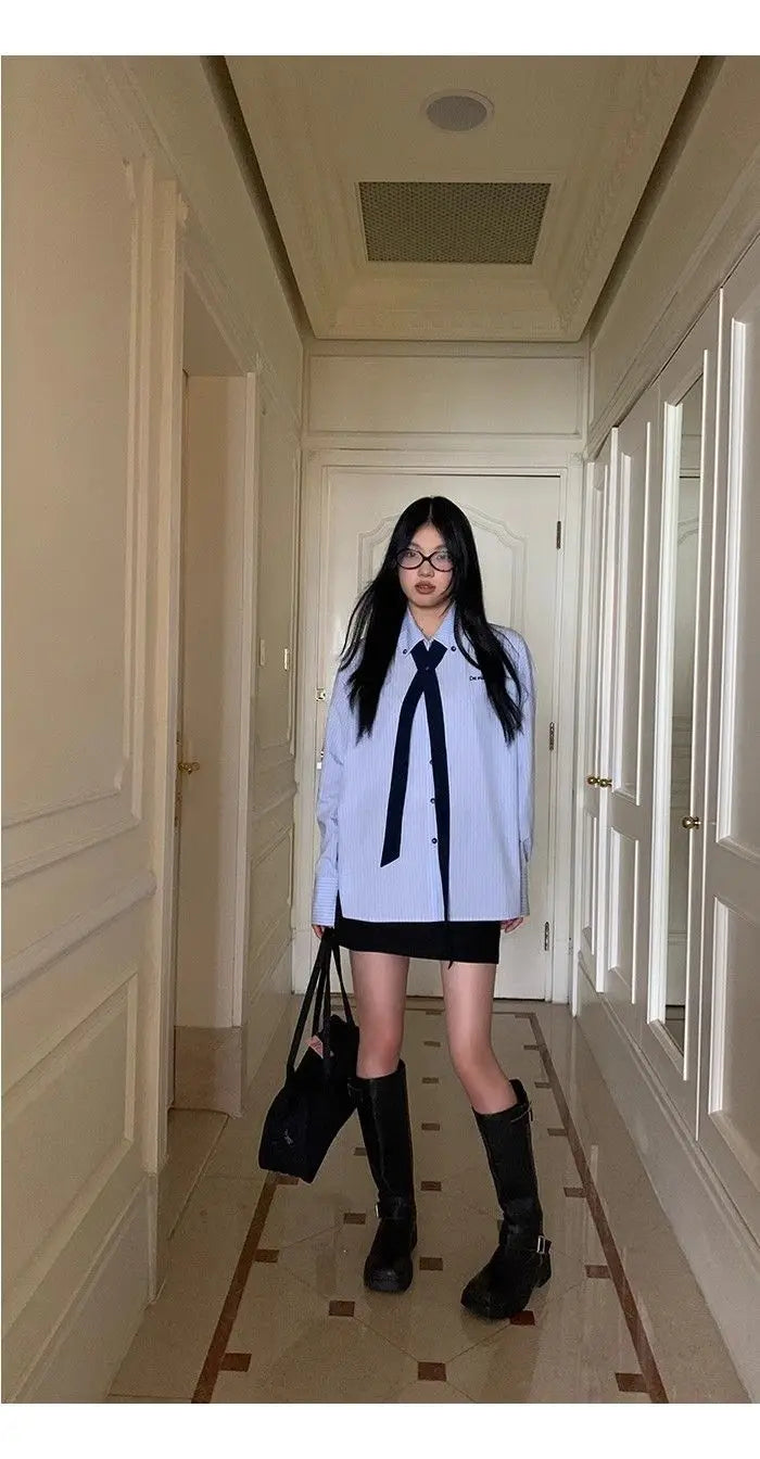 Korean Style Blue Striped Shirt - Women's Embroidered Long Sleeve Blouse