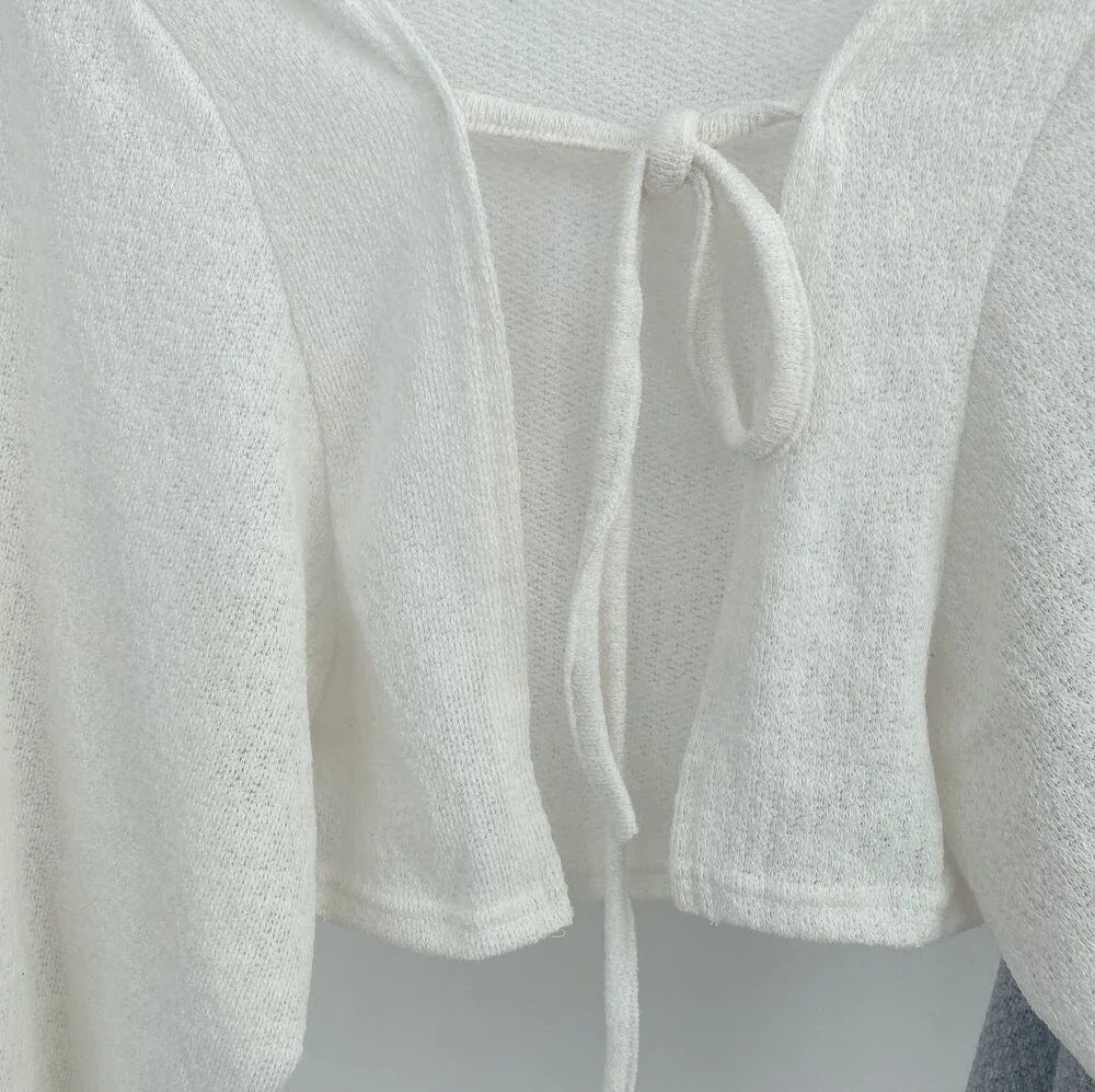 Korean Style White Cardigan - Women's Summer Lightweight Lace-Up Knitwear