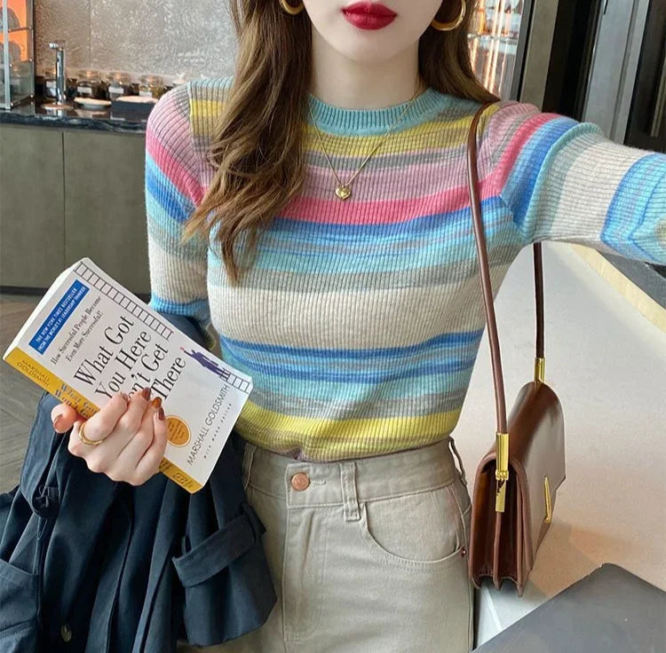 Korean Style Striped Long Sleeve Top - Women's Slim Fit T-Shirt