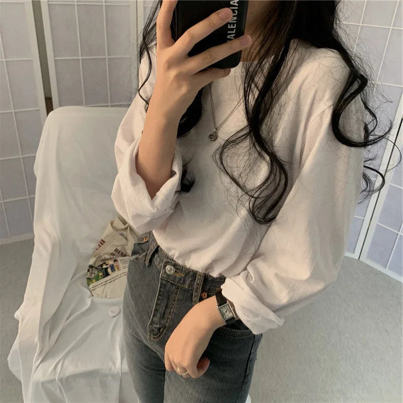 Korean Style Long Sleeve T-Shirt - Women's Loose Fit Basic Top