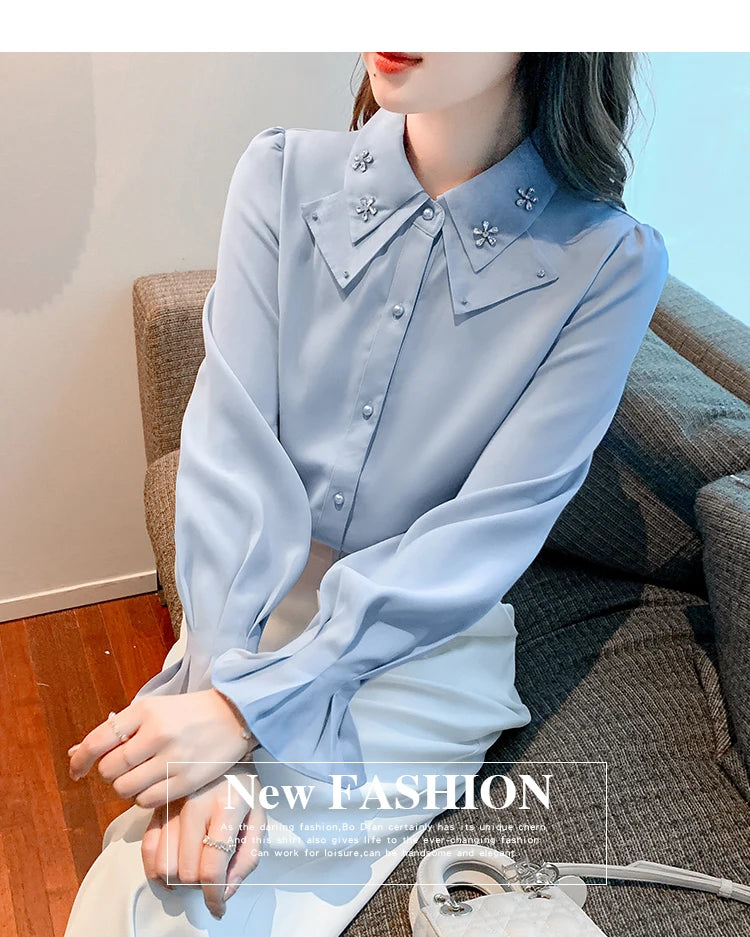 Korean Style Chiffon Blouse - Elegant Long Sleeve White Shirt for Women