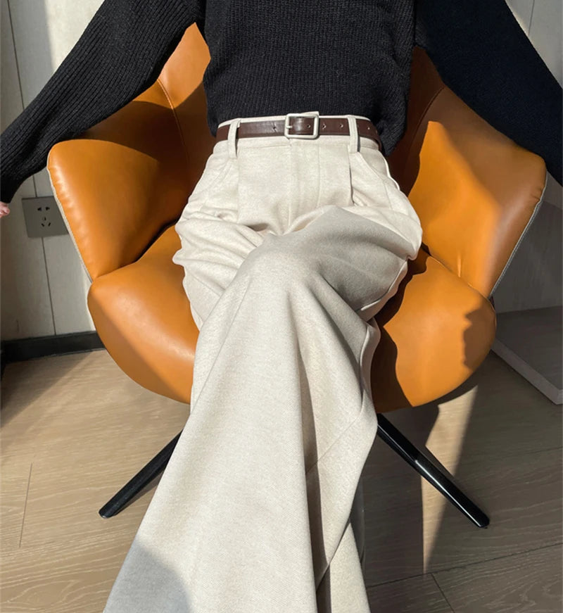 MEXZT Woolen Wide Leg Pants Women Streetwear Belt Fleece Baggy Black Suit Pants Winter Korean Fashion Casual Straight Trousers