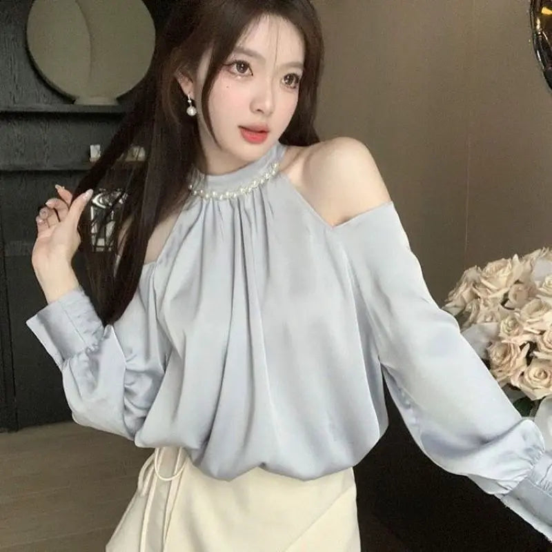 Korean Style Off-Shoulder Blouse - Long Sleeve Sweet Temperament Top for Women