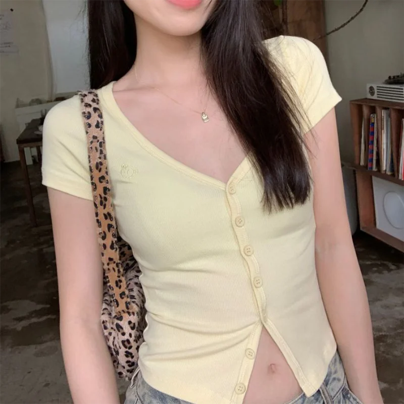 Sexy V-neck Single Breasted Short Sleeved Crop Top Cardigan Women's Summer New Korean Slim fit T-shirt Short