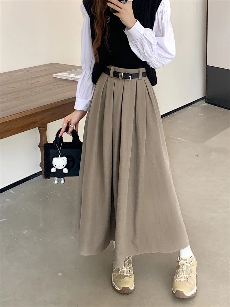 Korean Style Pleated Midi Skirt - A-Line High Waist Swing Skirt for Women