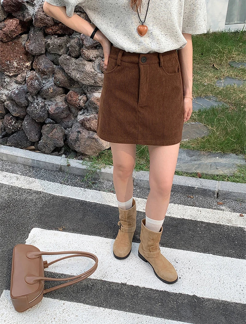 Korean Style High Waist Corduroy Mini Skirt - A-Line Vintage College Skirt with Pockets