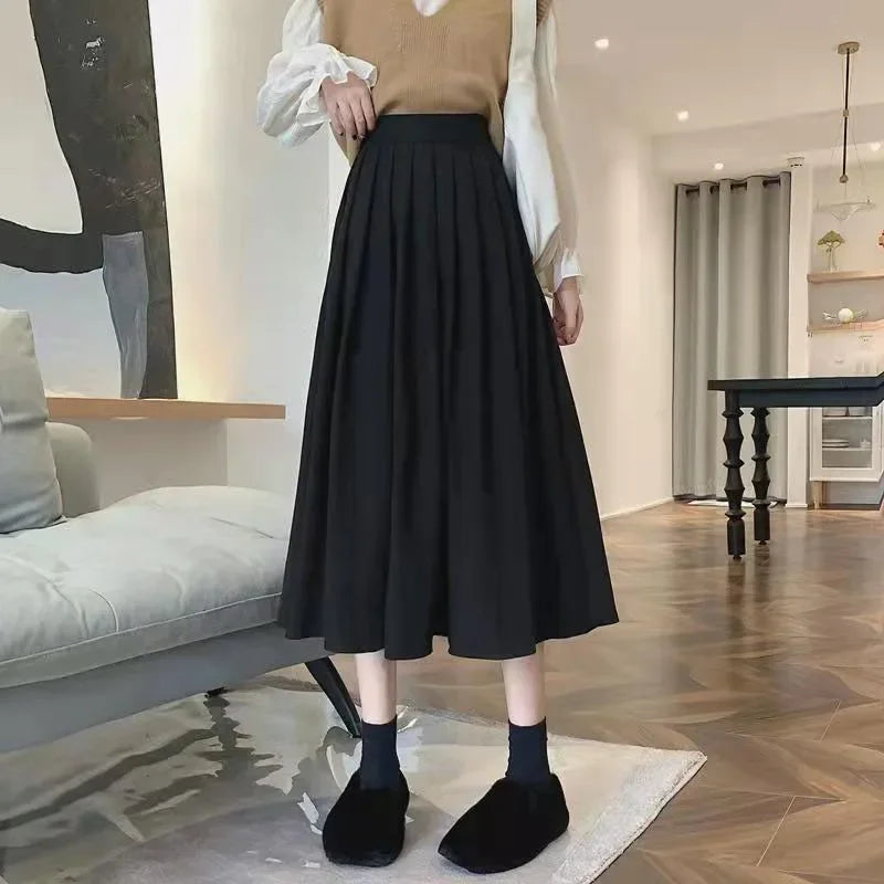 Korean Style Pleated Midi Skirt - Vintage Brown High Waist A-Line Skirt