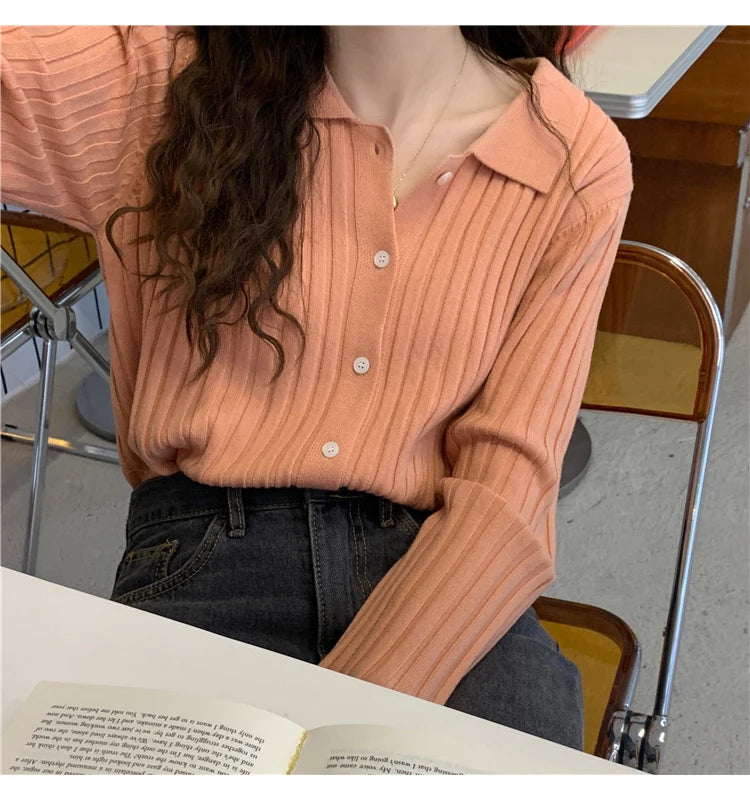 Korean Style Polo Collar Knit Cardigan - Women's Elegant Layering Sweater