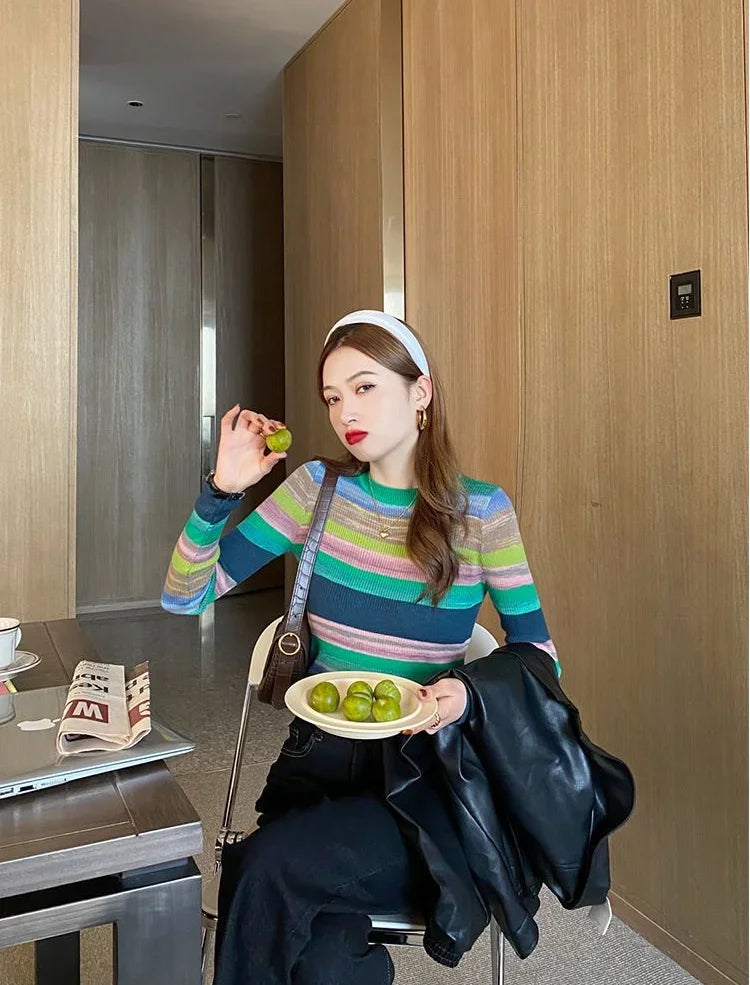 Korean Style Striped Long Sleeve Top - Women's Slim Fit T-Shirt