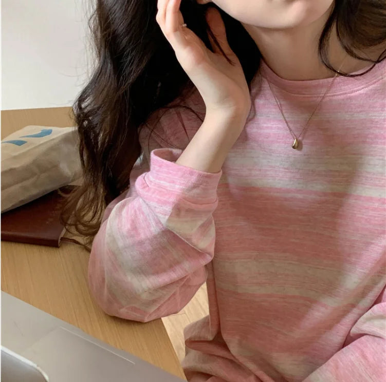 Korean Style Vintage Striped Long Sleeve T-Shirt - Women's Loose Fit Top