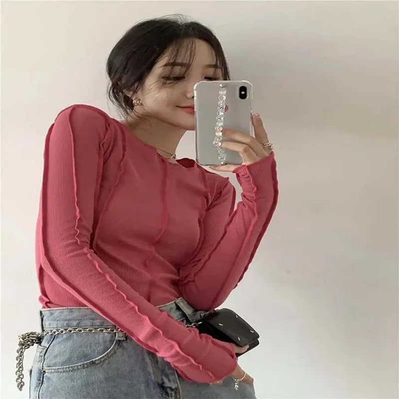 Korean Style Long Sleeve Top - Slim Fit with Contrast Line Detail