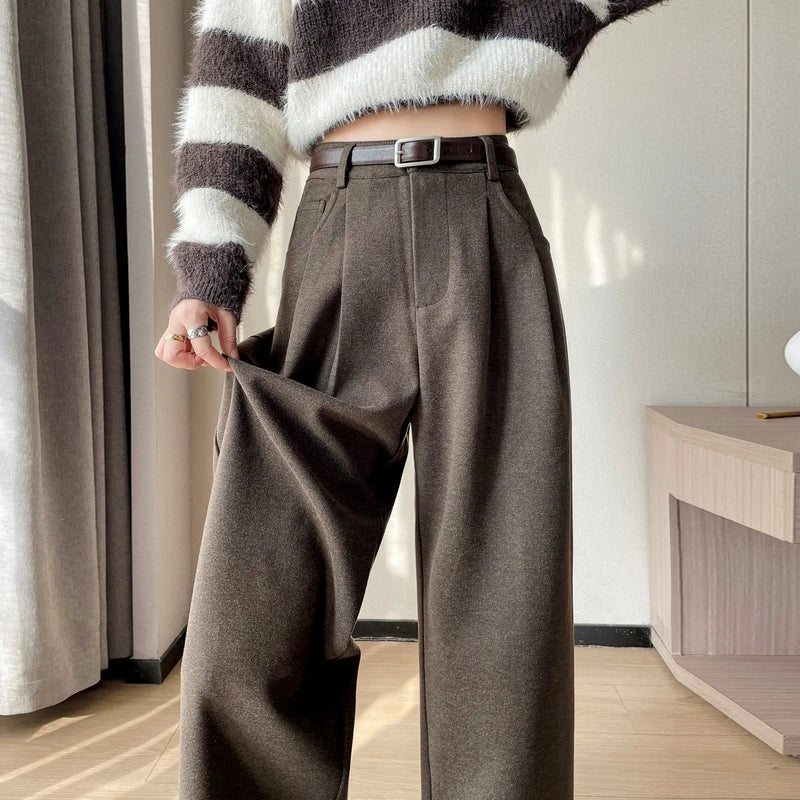 MEXZT Woolen Wide Leg Pants Women Streetwear Belt Fleece Baggy Black Suit Pants Winter Korean Fashion Casual Straight Trousers