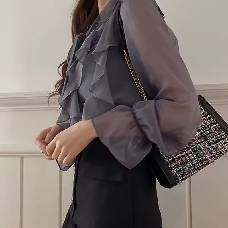 Korean Style Chiffon Blouse with Bow - Long Sleeve V-Neck Office Shirt