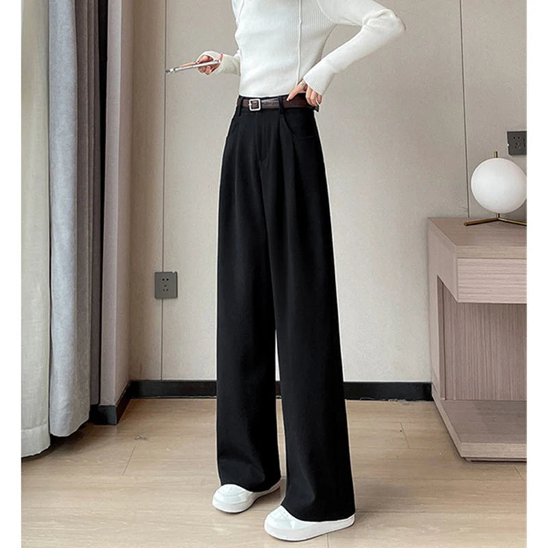 MEXZT Woolen Wide Leg Pants Women Streetwear Belt Fleece Baggy Black Suit Pants Winter Korean Fashion Casual Straight Trousers