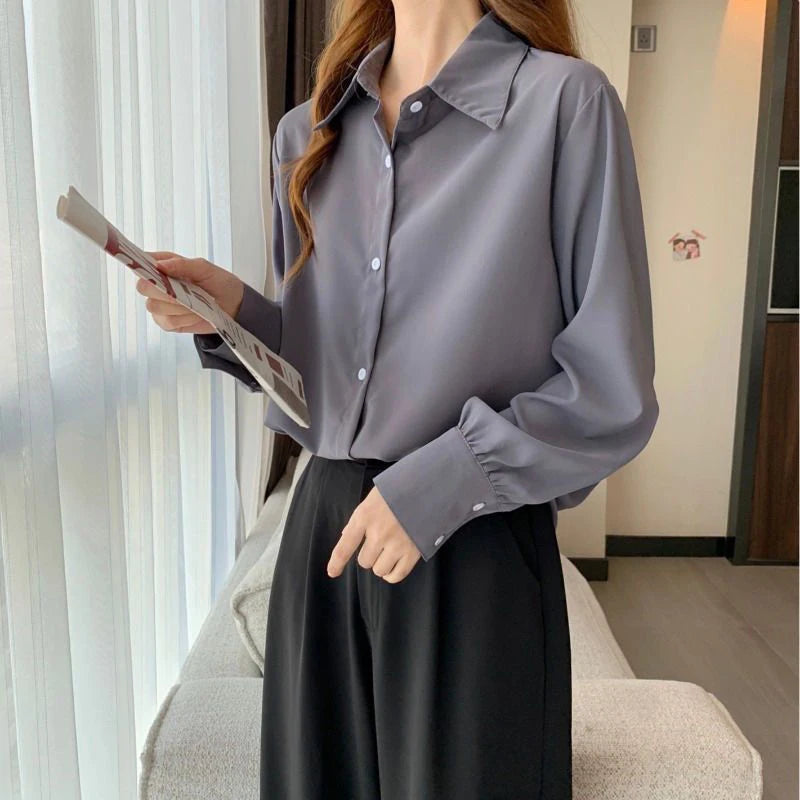 Korean Style White Chiffon Blouse - Elegant Long Sleeve Shirt for Women