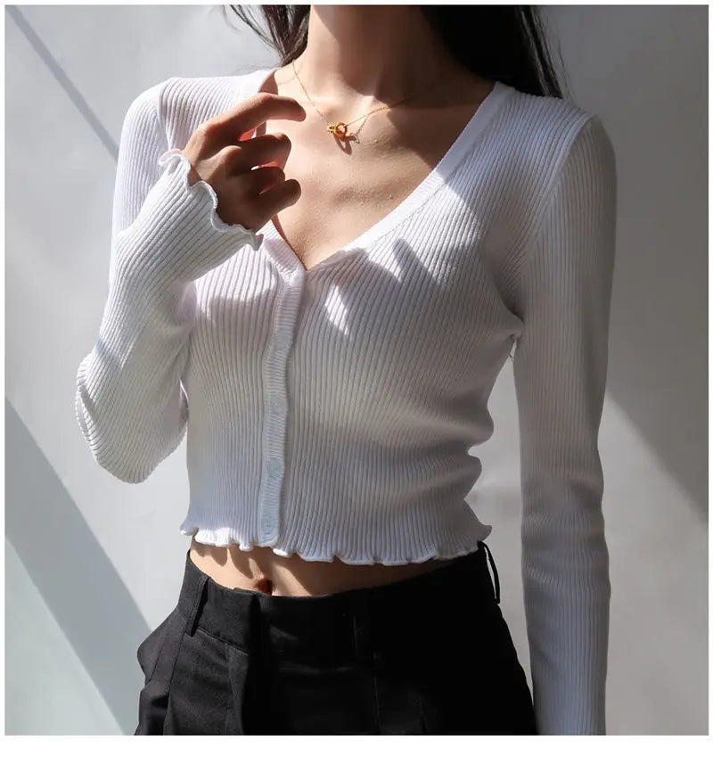 Korean Style Cropped Knit Cardigan - V-Neck Ruffle Hem