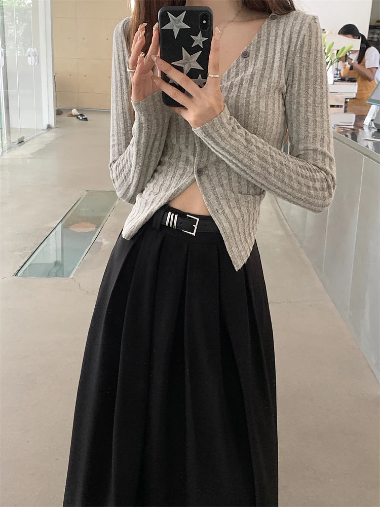 Korean Style Pleated Midi Skirt - A-Line High Waist Swing Skirt for Women