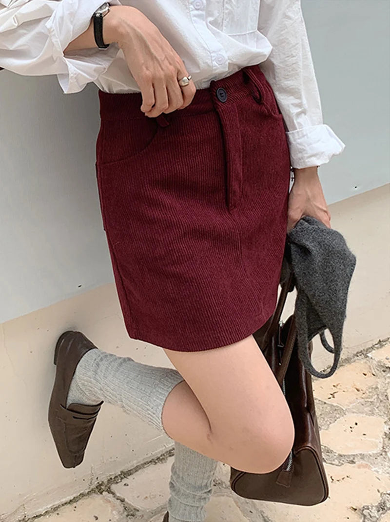 Korean Style High Waist Corduroy Mini Skirt - A-Line Vintage College Skirt with Pockets