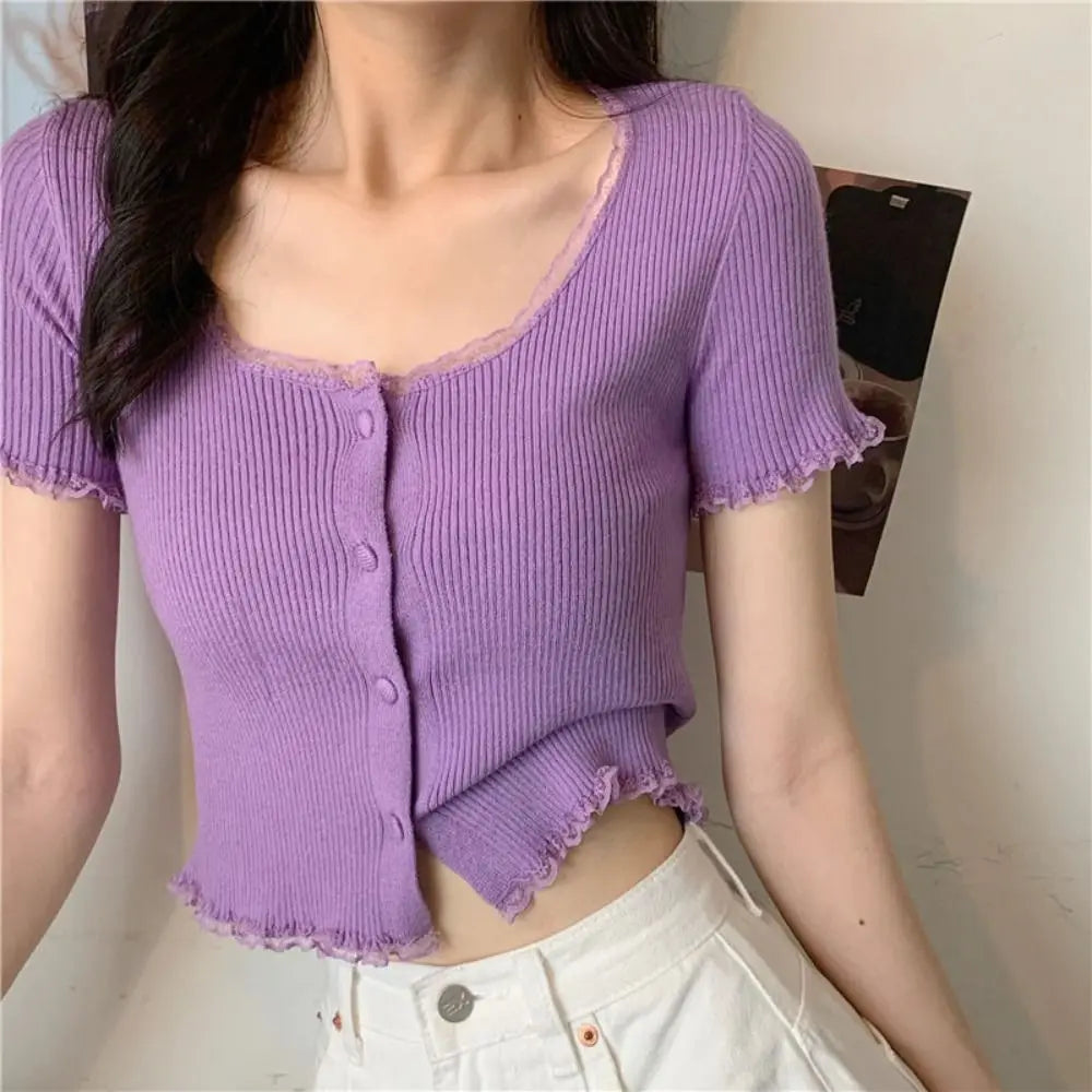 Korean Style Lace Knit Cardigan - Women's Slim Fit Button-Up Top