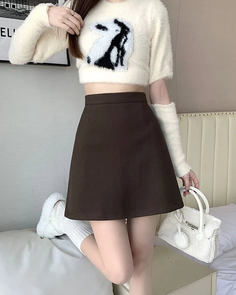Korean Style High Waist Woolen Mini Skirt - A-Line Bodycon Skirt with Zipper