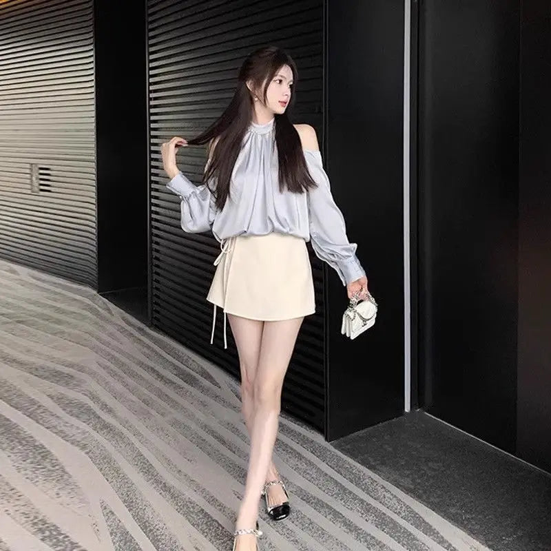 Korean Style Off-Shoulder Blouse - Long Sleeve Sweet Temperament Top for Women
