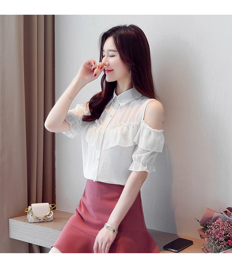 Korean Style Off-Shoulder Chiffon Blouse - Ruffle Sleeve Summer Top