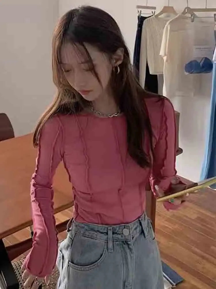Korean Style Long Sleeve Top - Slim Fit with Contrast Line Detail