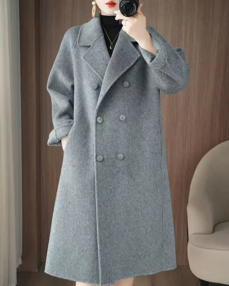 Korean Style Wool Coat - Women's Double-Breasted Mid-Length Winter Jacket