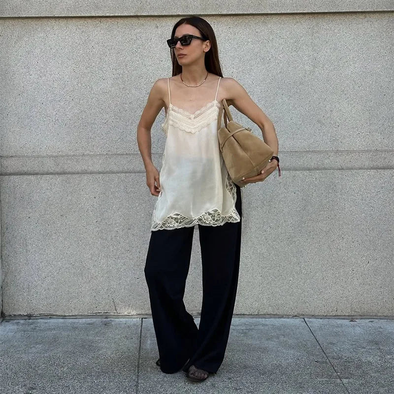 Korean Style Lace Cami Top - Elegant Sleeveless Square Neck Blouse