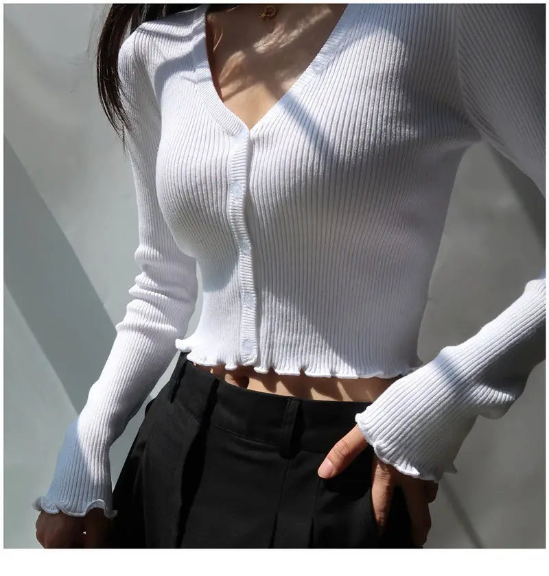Korean Style Cropped Knit Cardigan - V-Neck Ruffle Hem