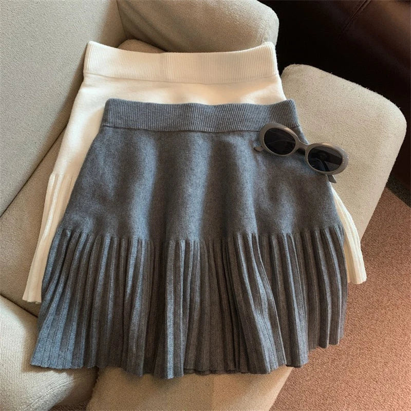 Korean Style Pleated Knit Mini Skirt - High Waist A-Line Skirt for Women