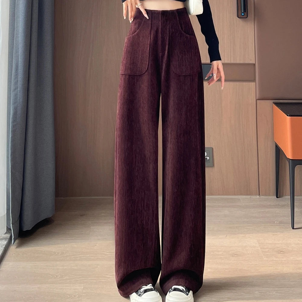 Korean Style High Waist Corduroy Wide Leg Trousers - Women's Vintage Casual Pants with Pockets