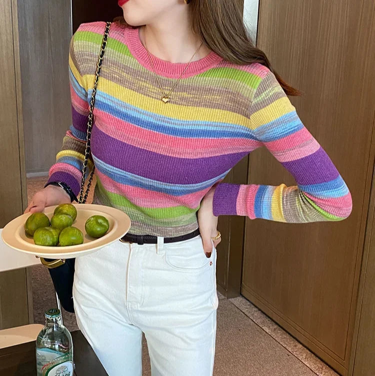 Korean Style Striped Long Sleeve Top - Women's Slim Fit T-Shirt