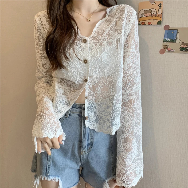 Korean Style Lace Blouse - Sheer Long Sleeve Summer Top