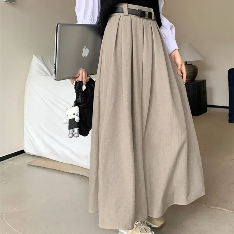 Korean Style Pleated Midi Skirt - A-Line High Waist Swing Skirt for Women