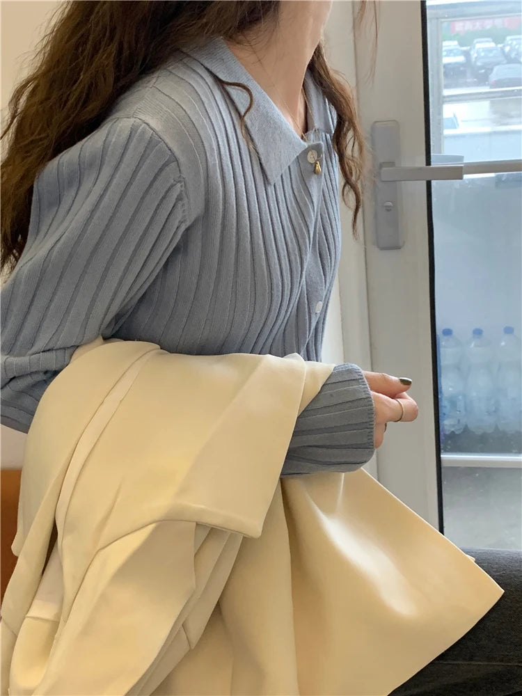Korean Style Polo Collar Knit Cardigan - Women's Elegant Layering Sweater