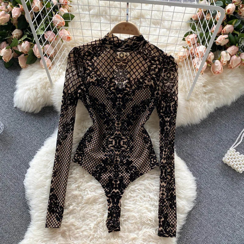 Korean Style Mesh Bodysuit - Long Sleeve Backless Body Top