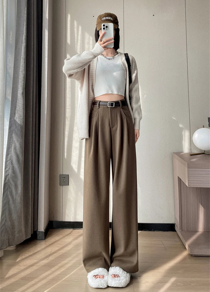 MEXZT Woolen Wide Leg Pants Women Streetwear Belt Fleece Baggy Black Suit Pants Winter Korean Fashion Casual Straight Trousers