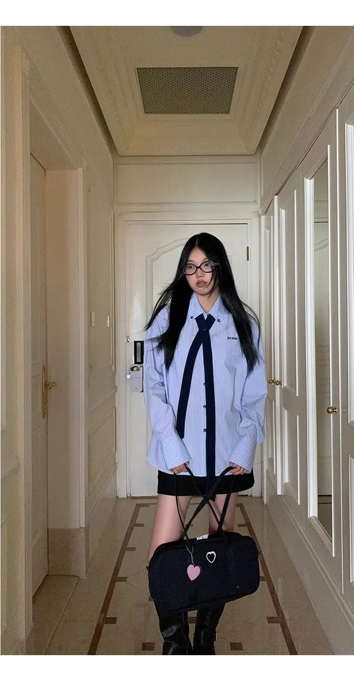 Korean Style Blue Striped Shirt - Women's Embroidered Long Sleeve Blouse