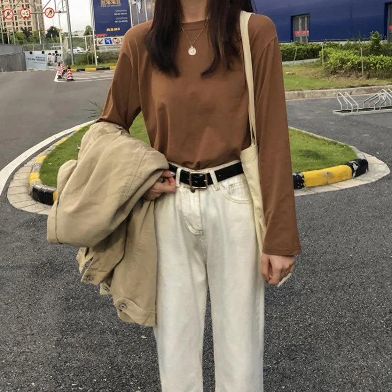 Korean Style Long Sleeve T-Shirt - Women's Loose Fit Basic Top