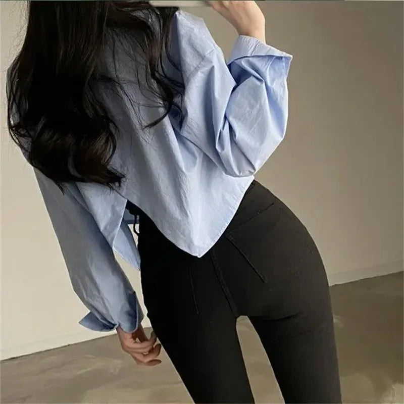 Korean Style White Button-Up Blouse - Women's Long Sleeve Casual Shirt