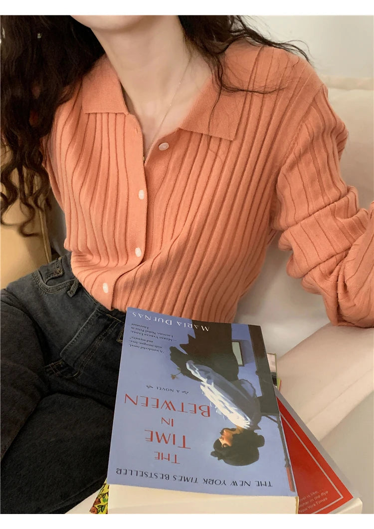 Korean Style Polo Collar Knit Cardigan - Women's Elegant Layering Sweater