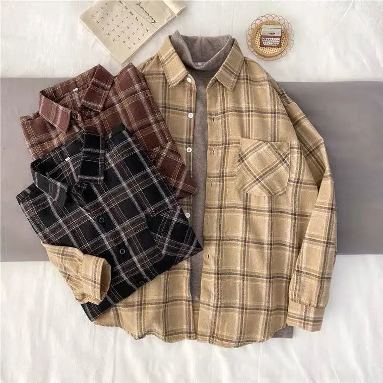 Korean Style Oversized Plaid Shirt - Women's Long Sleeve Button Up Blouse