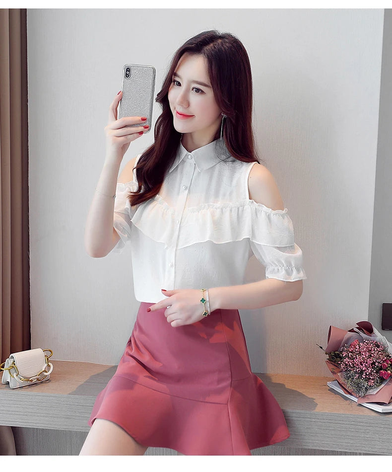 Korean Style Off-Shoulder Chiffon Blouse - Ruffle Sleeve Summer Top