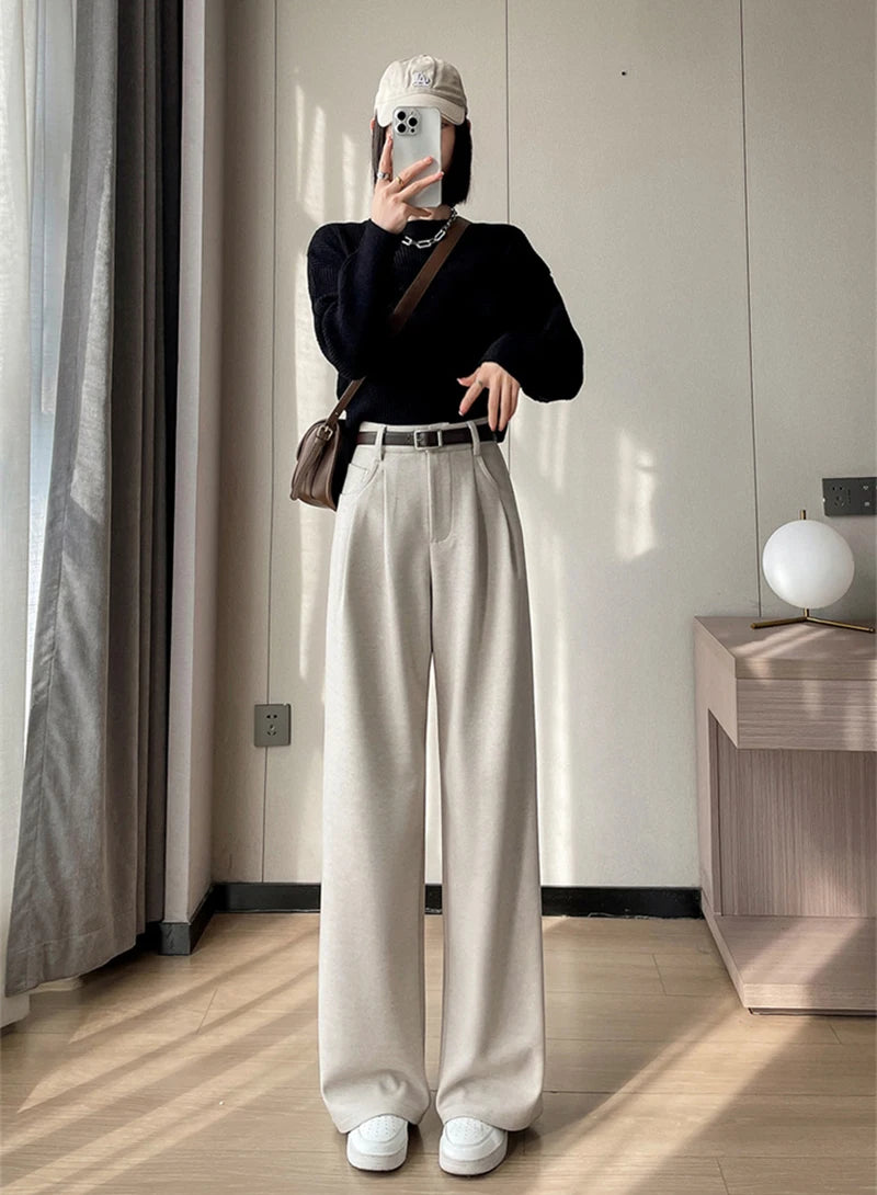 MEXZT Woolen Wide Leg Pants Women Streetwear Belt Fleece Baggy Black Suit Pants Winter Korean Fashion Casual Straight Trousers