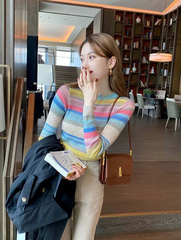 Korean Style Striped Long Sleeve Top - Women's Slim Fit T-Shirt