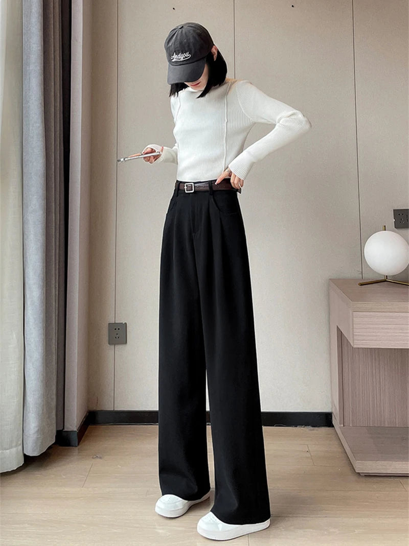 MEXZT Woolen Wide Leg Pants Women Streetwear Belt Fleece Baggy Black Suit Pants Winter Korean Fashion Casual Straight Trousers