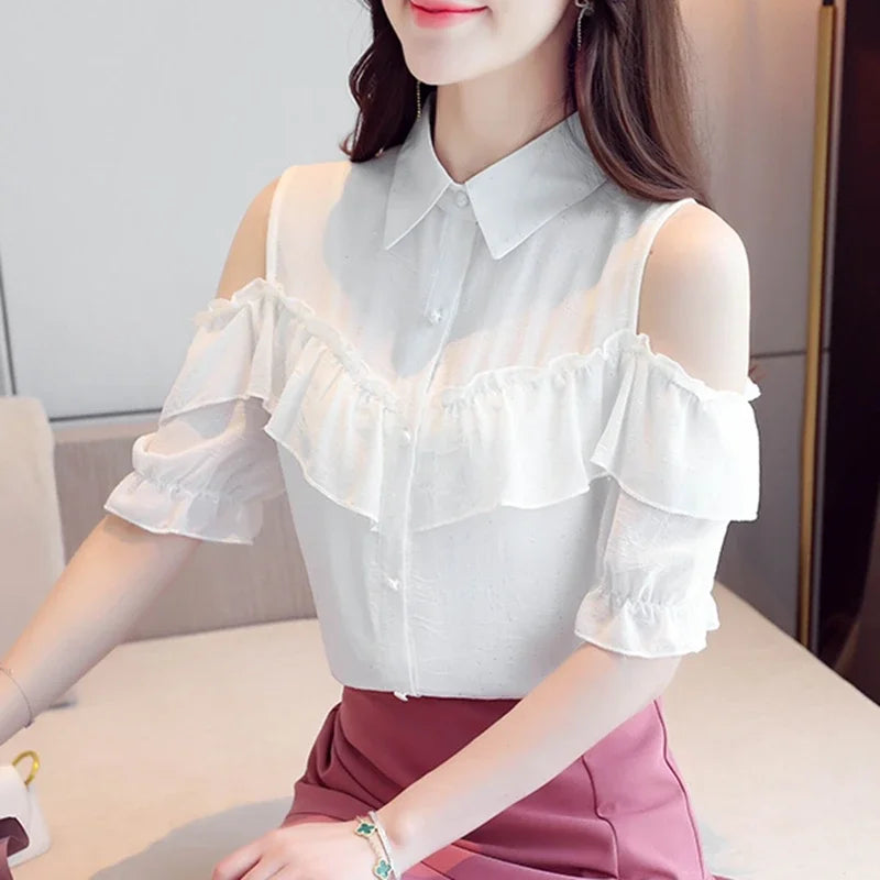 Korean Style Off-Shoulder Chiffon Blouse - Ruffle Sleeve Summer Top