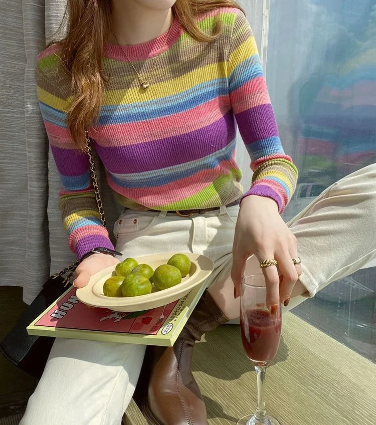 Korean Style Striped Long Sleeve Top - Women's Slim Fit T-Shirt